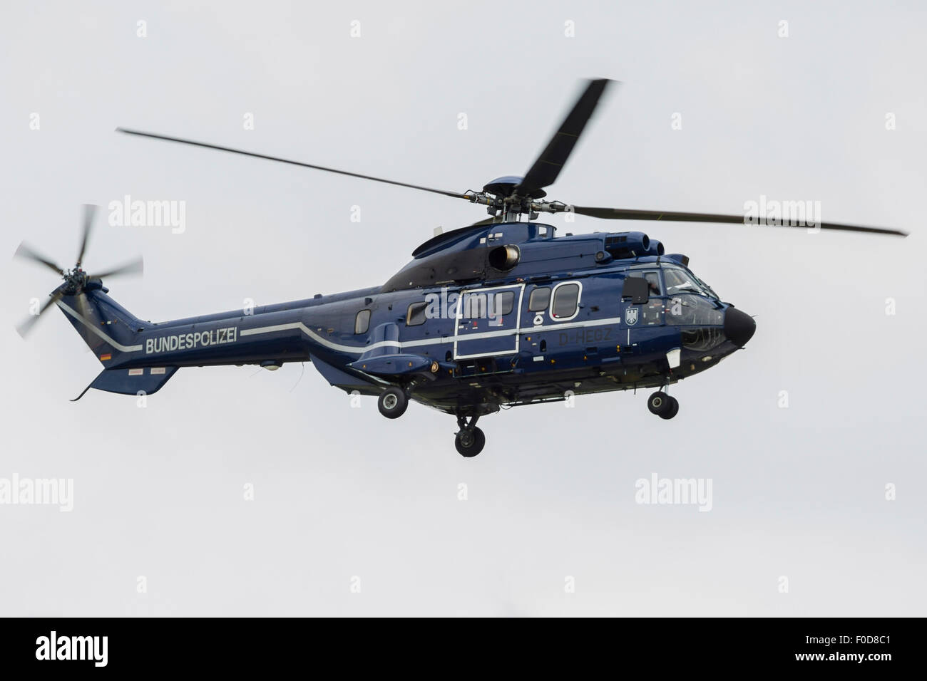 AS332 Super Puma helicopter of the German Federal Police used to transport VIP's. Additional armor plates are on the cockpit win Stock Photo