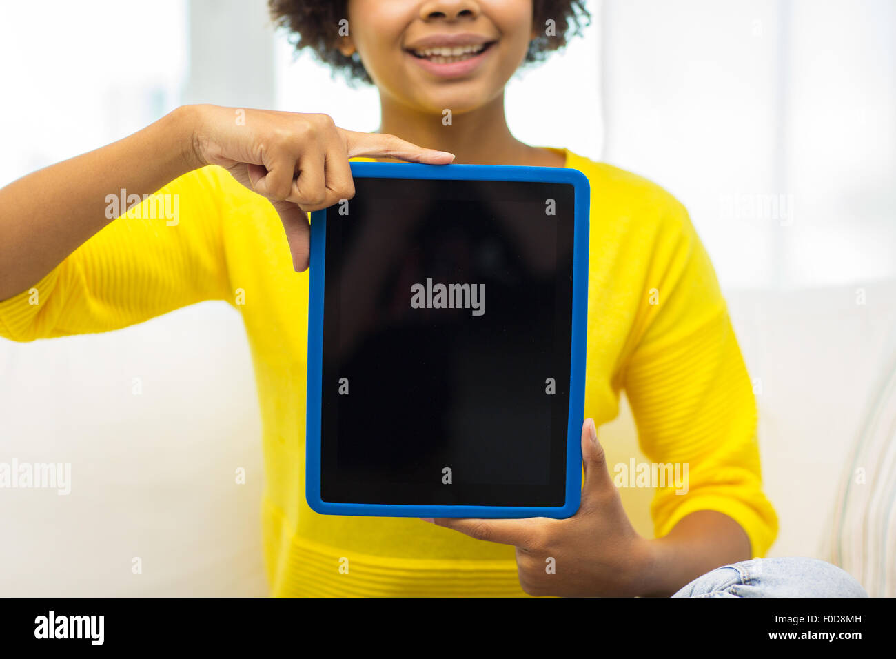 happy african american woman with tablet pc Stock Photo - Alamy