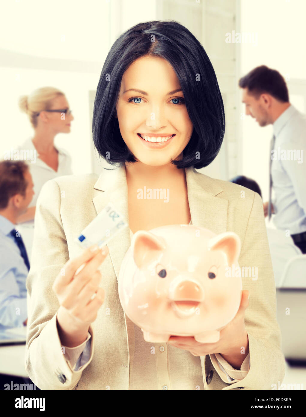 woman with piggy bank and cash money Stock Photo - Alamy
