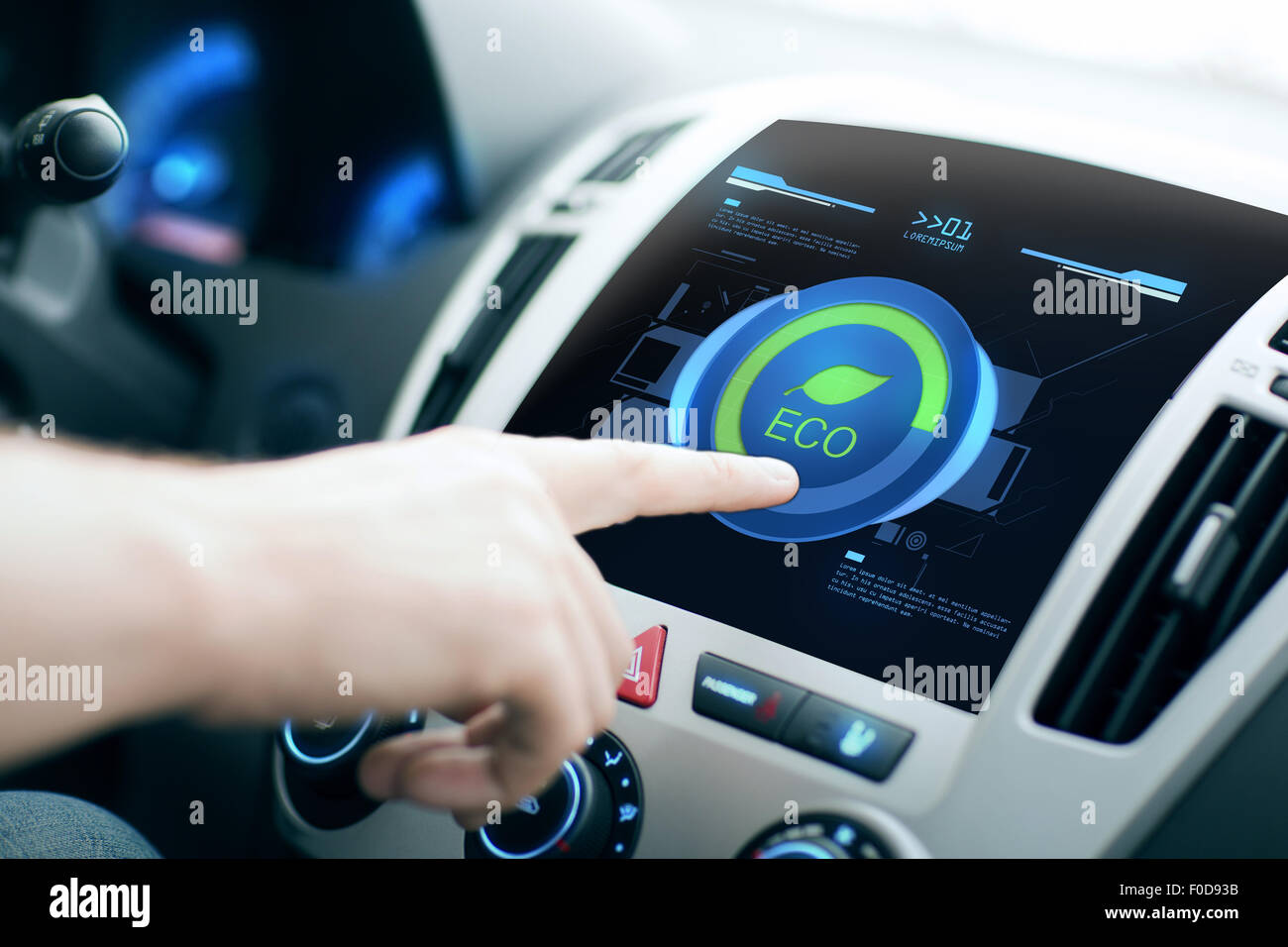 male hand setting car eco system mode on screen Stock Photo Alamy