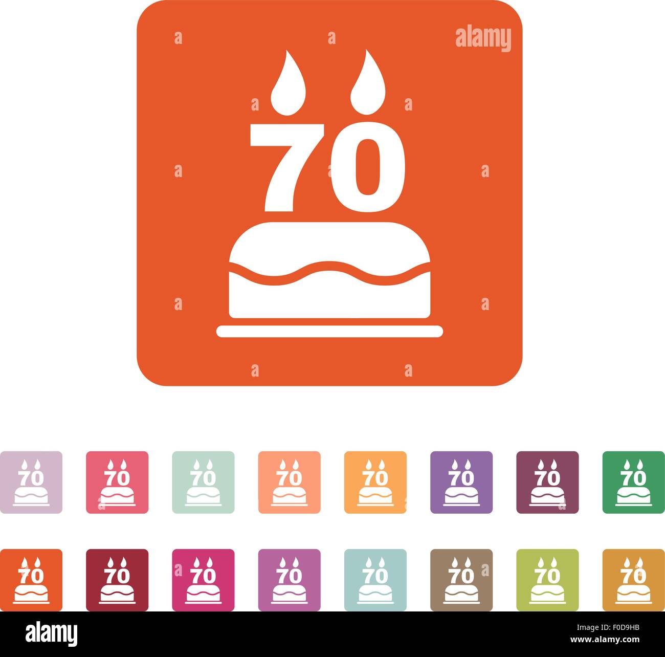 The birthday cake with candles in the form of number 70 icon. Birthday symbol. Flat Stock Vector