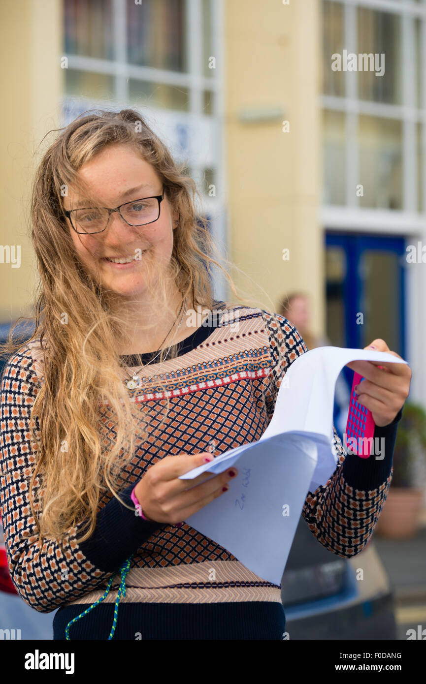 Aberystwyth Wales Uk, Thursday 13 August 2015  A happy smiling girl student at Penglais School Aberystwyth collecting her  A level results photo Credit:  Keith Morris/Alamy Live News Stock Photo