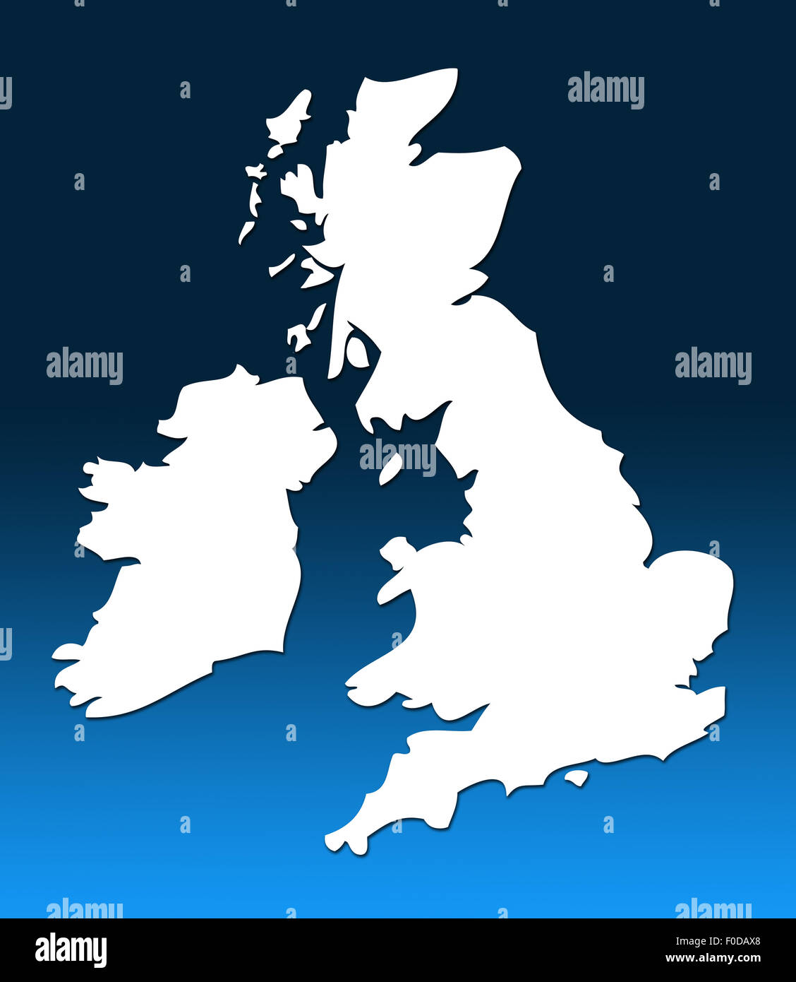 White outline map of UK over blue graduated background Stock Photo