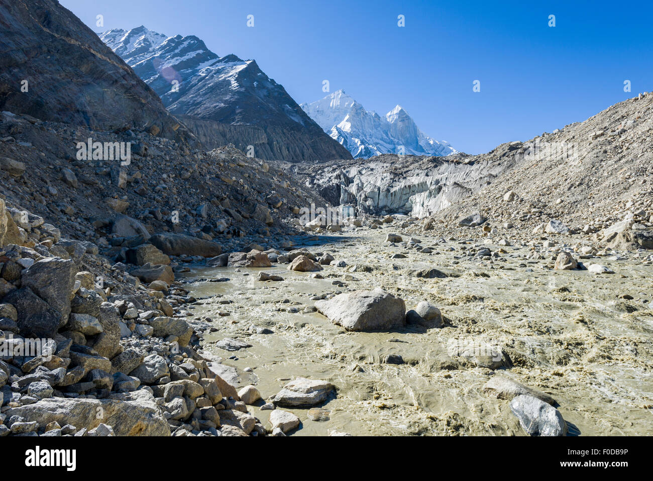 Gaumukh, the main source of the holy river Ganges, is located at the break-off edge of the Bhaghirati Glacier, Gangotri Stock Photo
