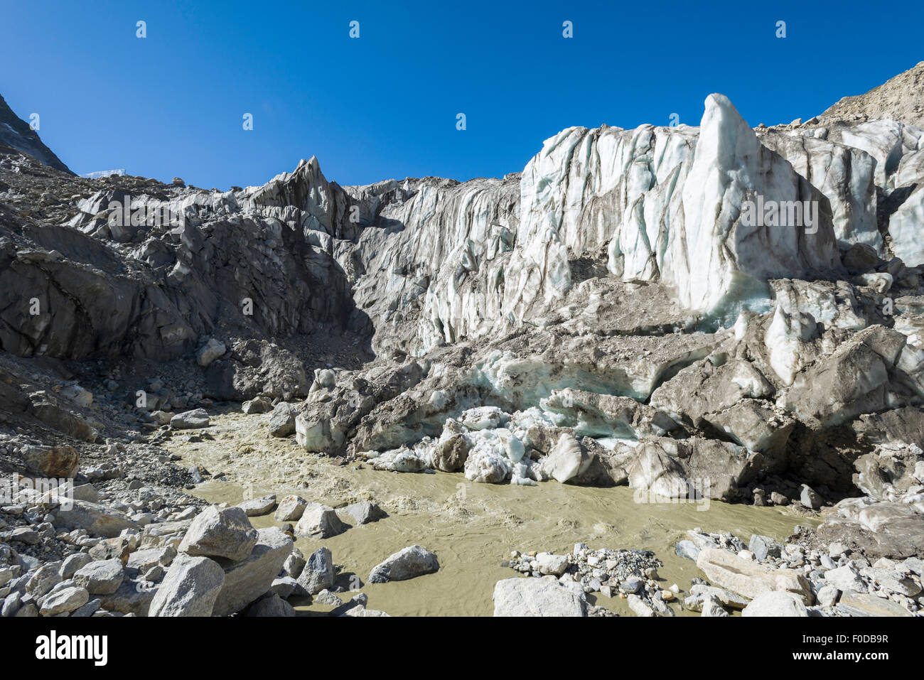 Gaumukh, the main source of the holy river Ganges, is located at the break-off edge of the Bhaghirati Glacier, Gangotri Stock Photo