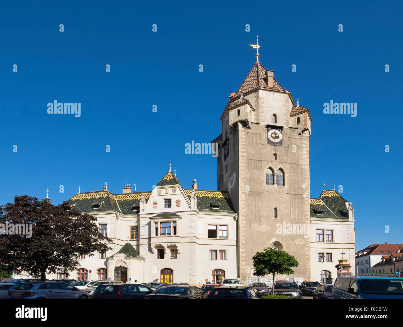 Town hall and city tower, Korneuburg, Weinviertel, Lower Austria, Austria Stock Photo