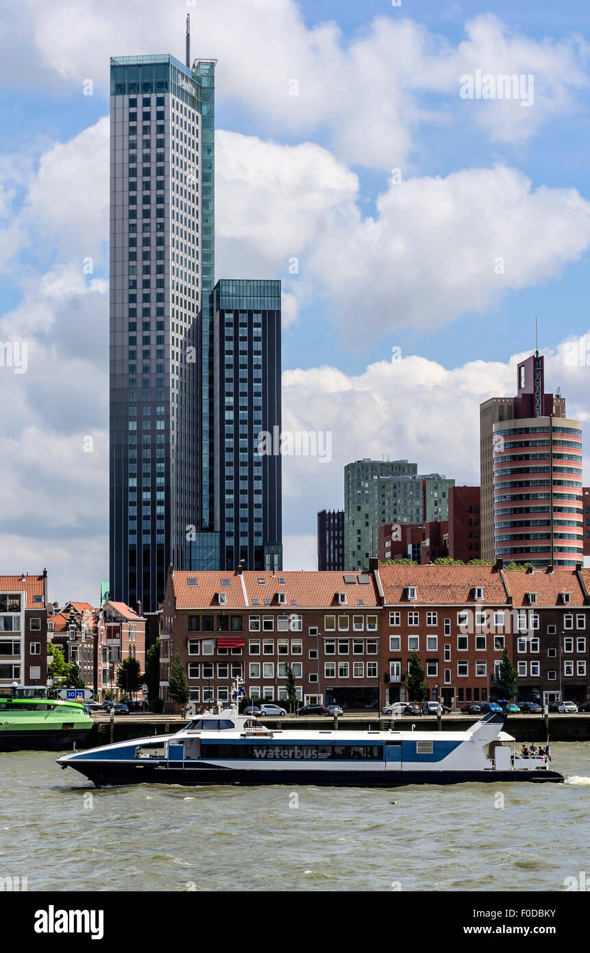 Business and apartment buildings, boat on the New Meuse, Rotterdam, Holland, The Netherlands Stock Photo