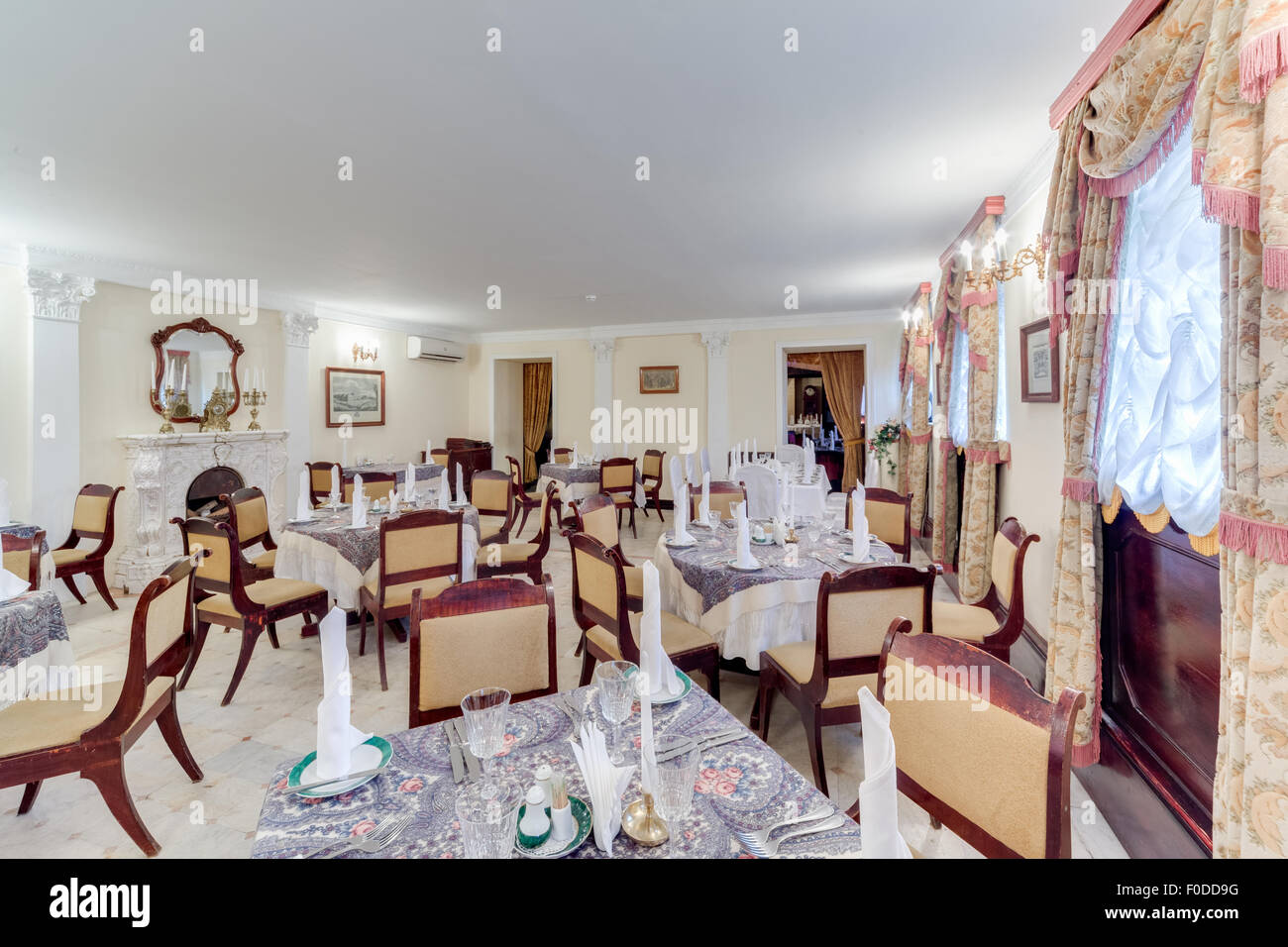 The interior of the restaurant of Russian cuisine "Demidov". The restaurant is located on the Fontanka River in Saint Petersburg Stock Photo