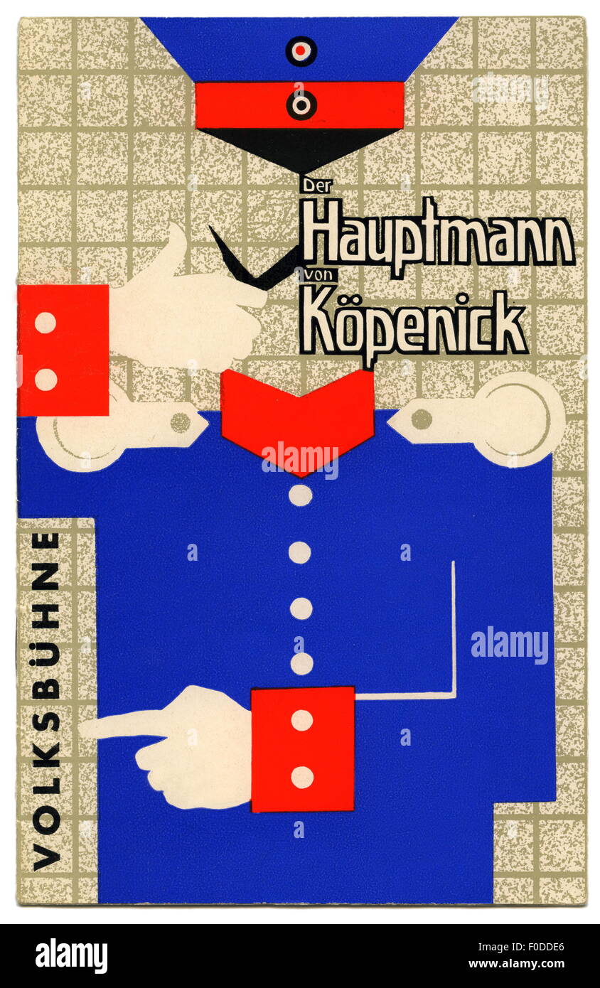 theatre, theatre play, 'The Captain from Köpenick', by Carl Zuckmayer, playbill, title, Volksbühne, Berlin, premiere 8.10.1963, Additional-Rights-Clearences-Not Available Stock Photo