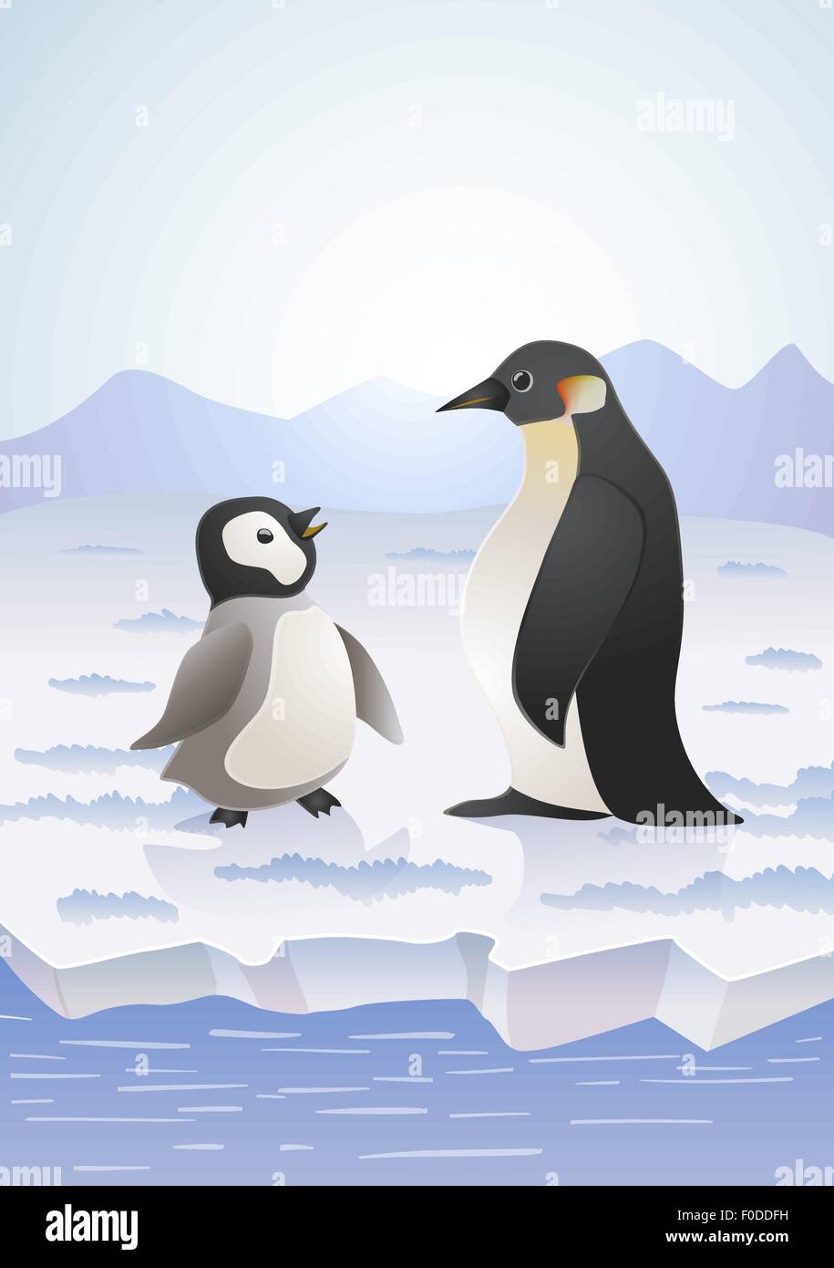penguins on icy landscape. vector cartoon illustration Stock Vector