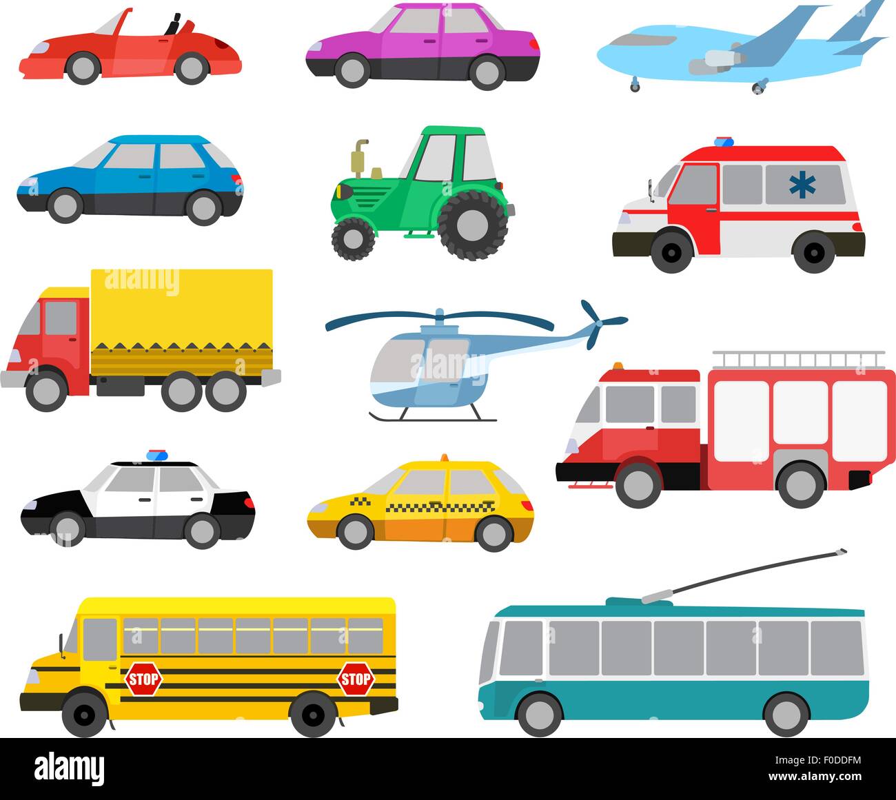 set of cartoon cute cars and vehicles. vector illustration Stock Vector