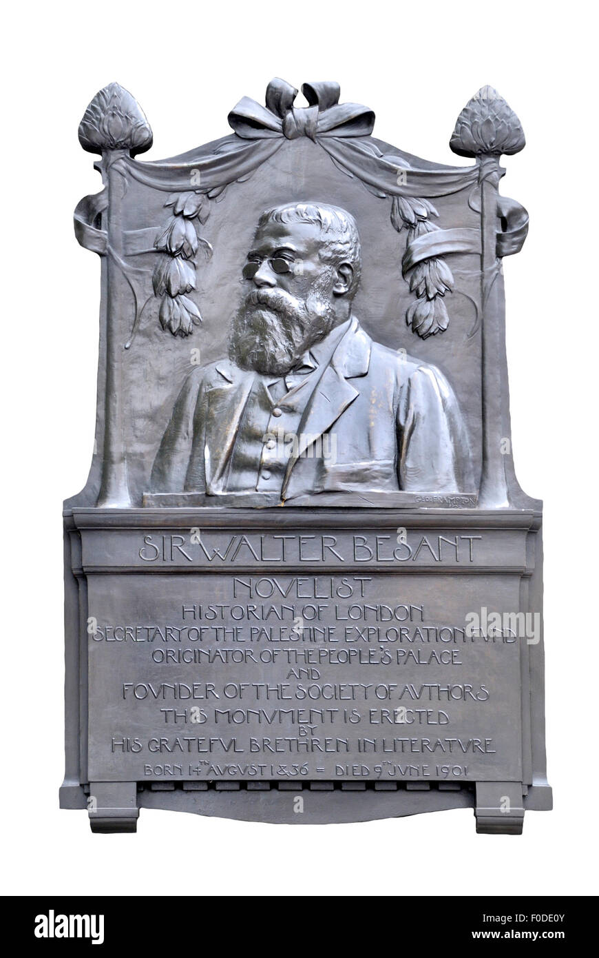 London, England, UK. Bronze plaque on the Victoria Embankment commemorating Walter Bessant (1836-1901); author and historian Stock Photo