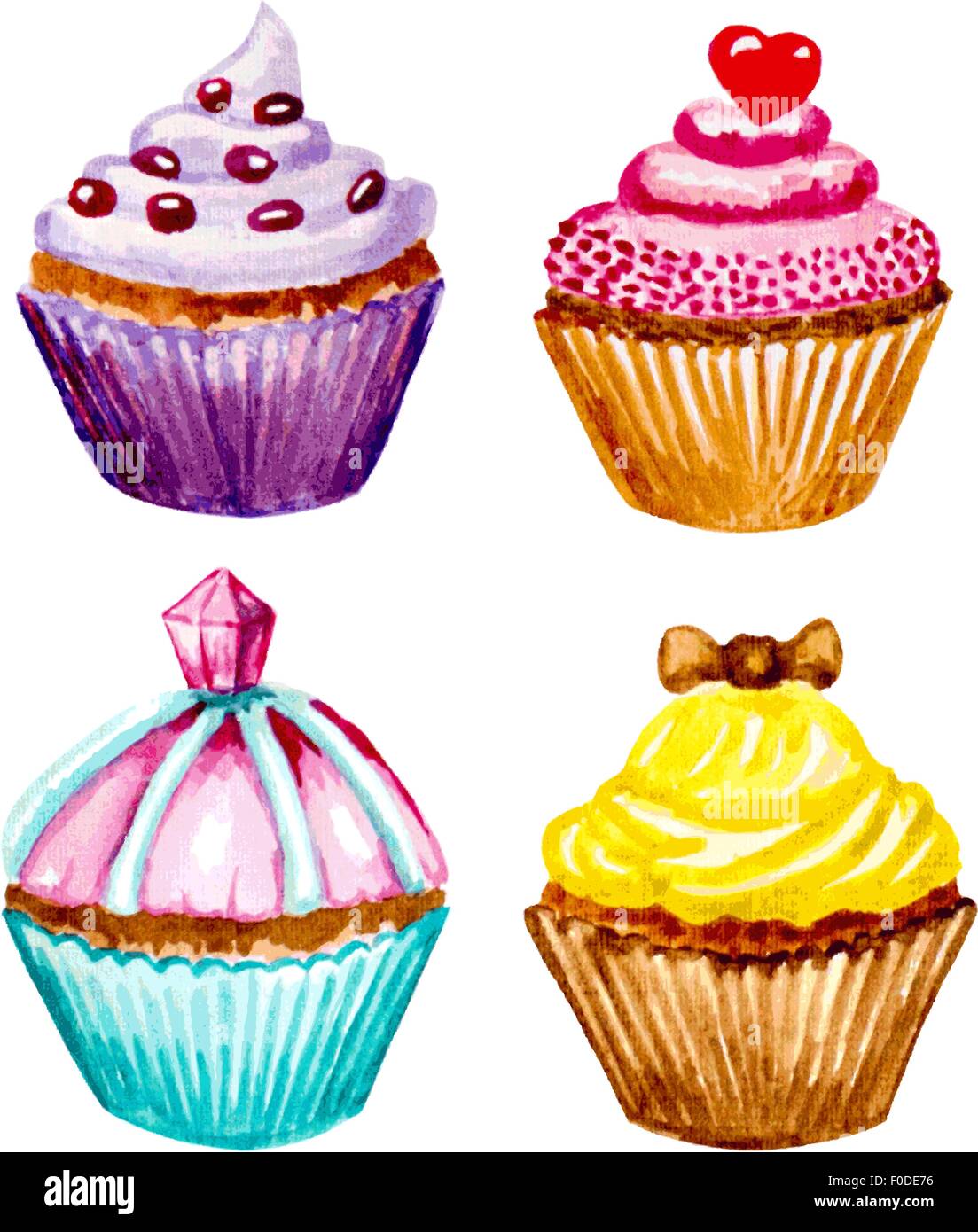 set of cupcakes with cream. vectorized watercolor illustration Stock ...