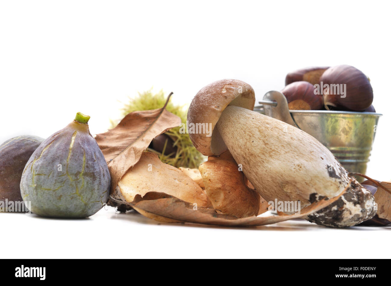 figs,chestnuts and mushrooms on white background Stock Photo