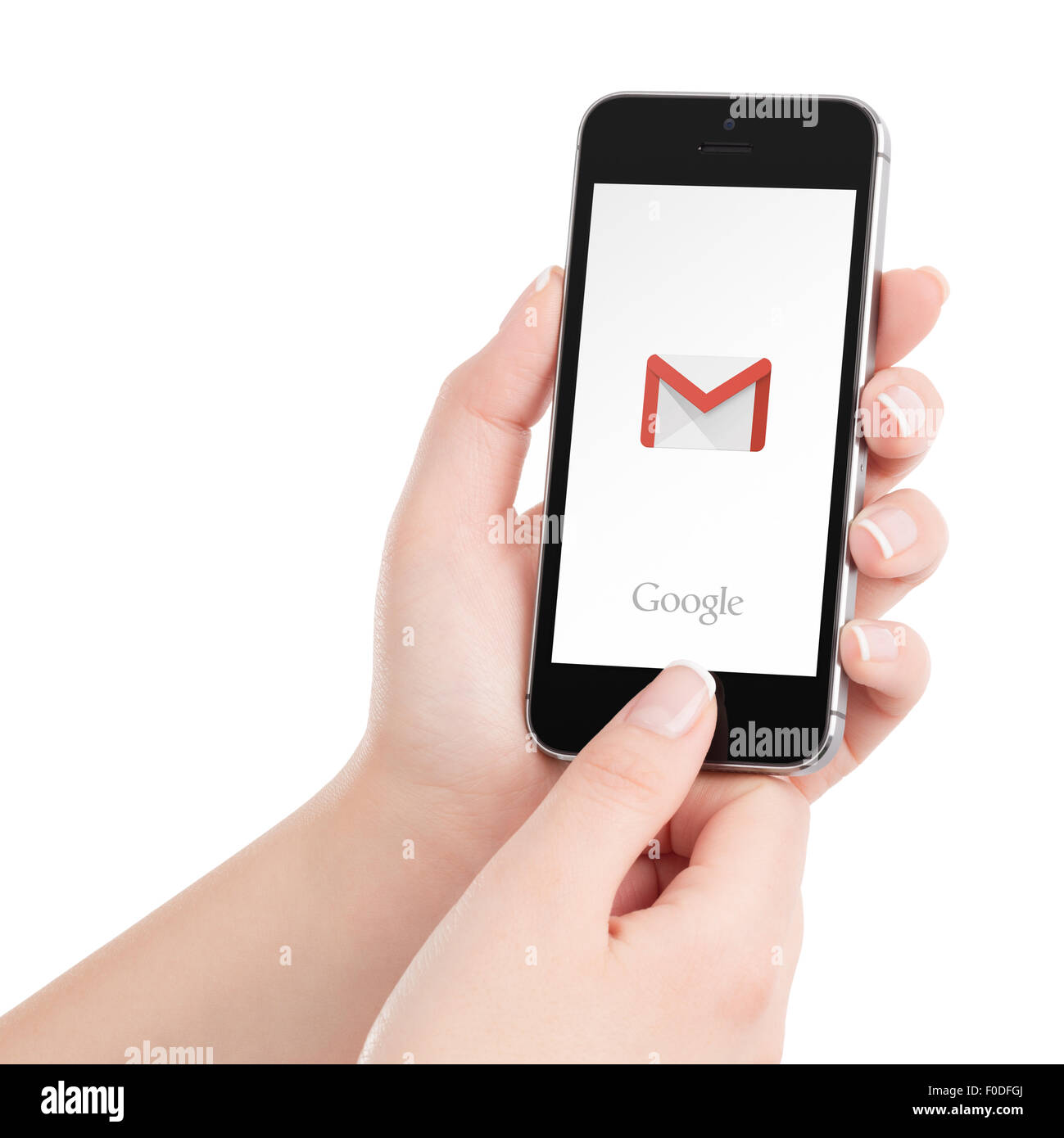 Varna, Bulgaria - May 31, 2015: Black Apple iPhone 5s with Google Gmail app logo on the display in female hands. Stock Photo