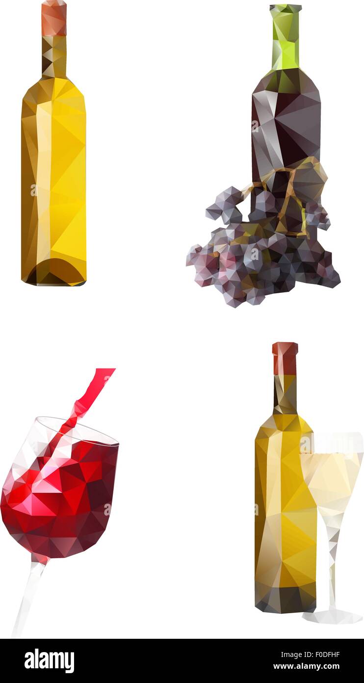 wine bottle, glass, and grapes polygonal vector design Stock Vector