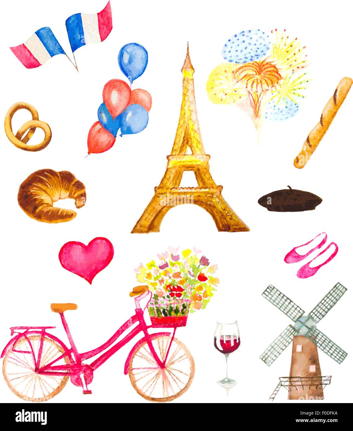watercolor paris icons vector illustration. eiffel tower, bicycle with flowers, balloons, flags, fireworks and bakery mill Stock Vector