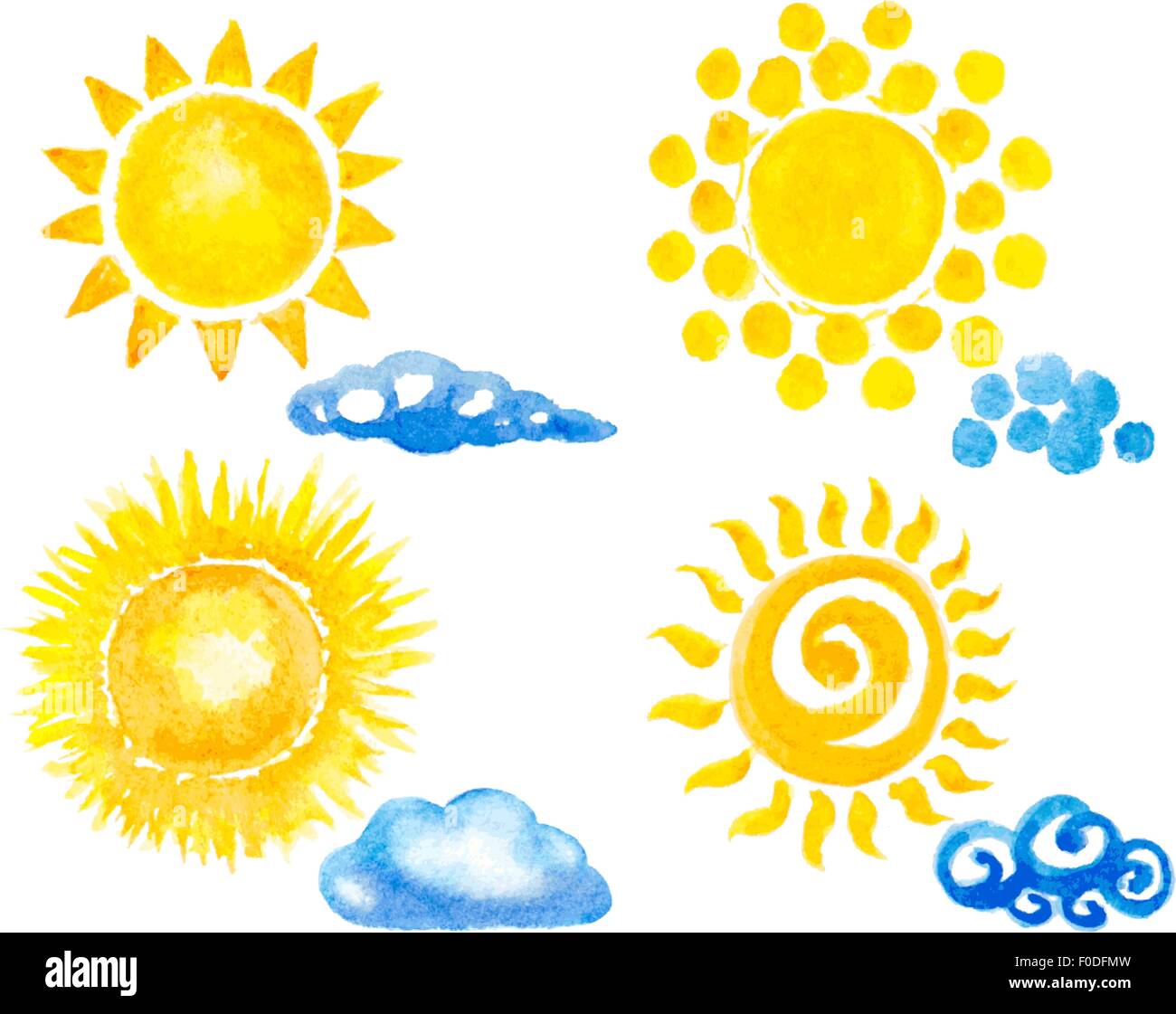 sun and clouds set. watercolor vector illustration Stock Vector