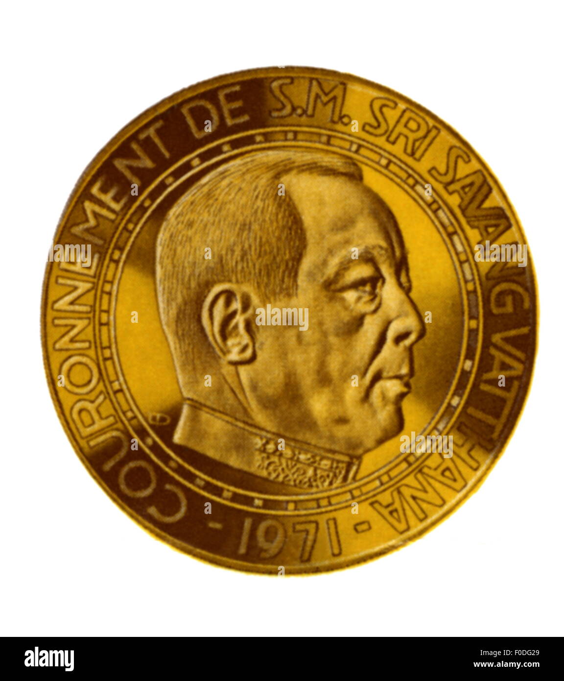 money / finances, coins, Laos People's Democratic Republic, commemorative coin on the occasion of the coronation of king Sisavang Vatthana, coined by the State Mint Munich, obverse, gold, 1971, Additional-Rights-Clearences-Not Available Stock Photo