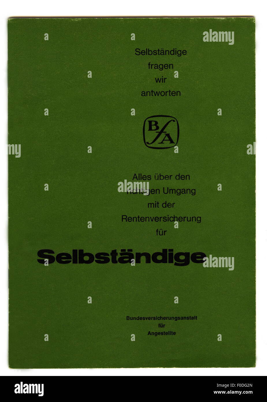 money / finances, insurances, brochure of the Bundesversicherungsanstalt fuer Angestellte (Federal Insurance Agency for Employees) about pension insurance schemes of self-employed workers, title page, Berlin, 1973, Additional-Rights-Clearences-Not Available Stock Photo