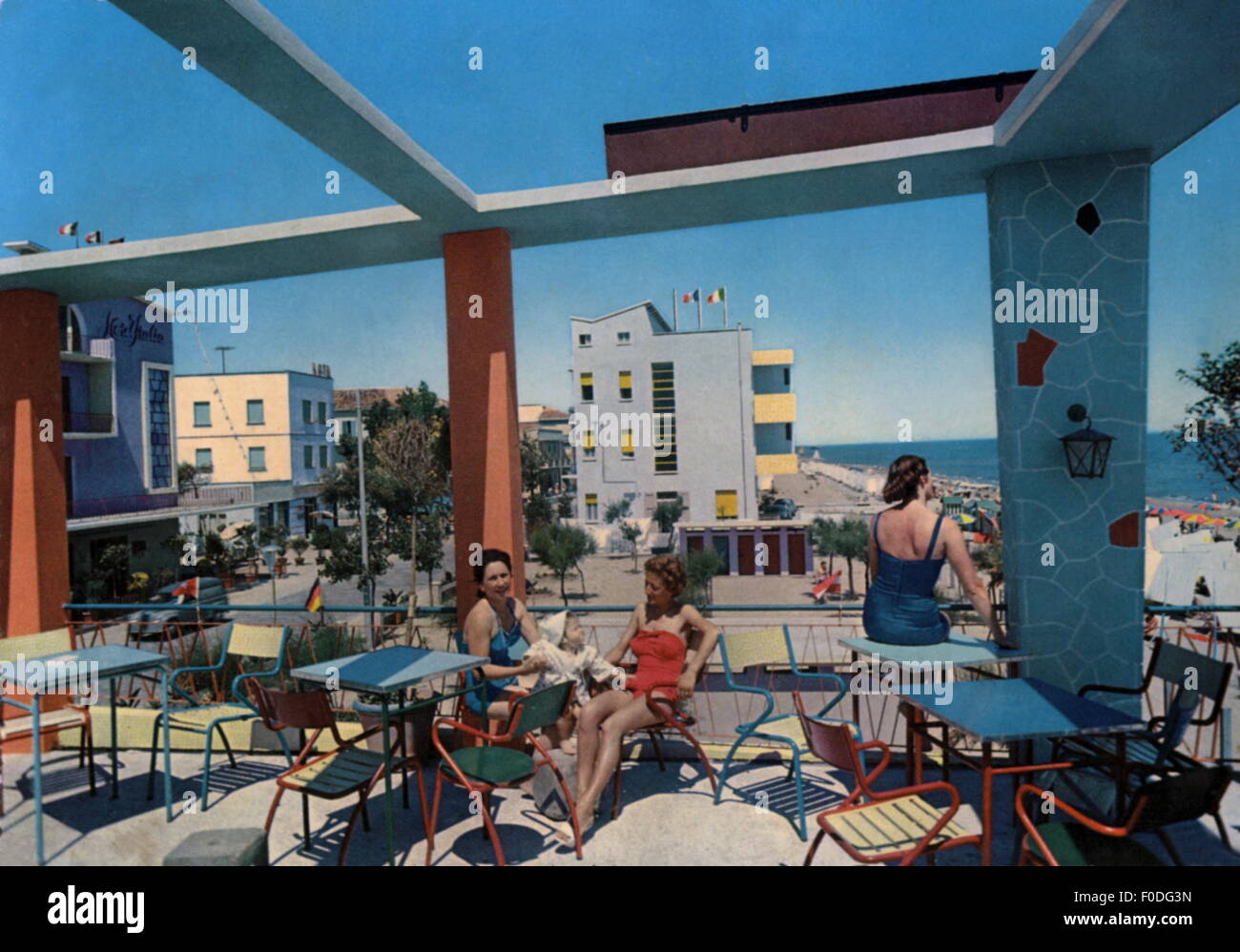 geography / travel, Italy, Bellaria-Igea Marina, gastronomy, hotel terrace on the beach, picture postcard, circa 1959, Additional-Rights-Clearences-Not Available Stock Photo