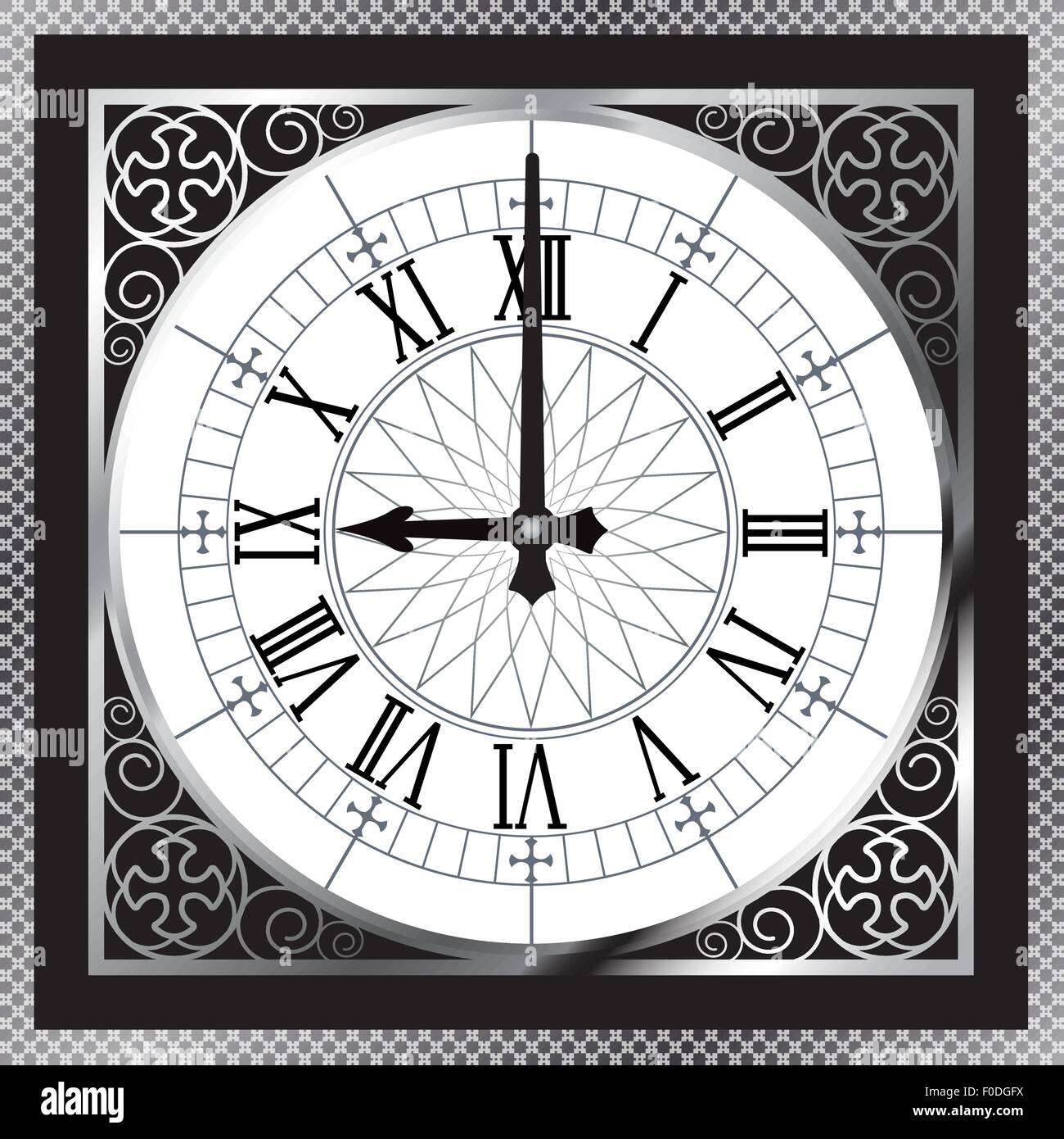 Luxury white gold metal clock with Roman numerals and pattern boarder Stock Vector