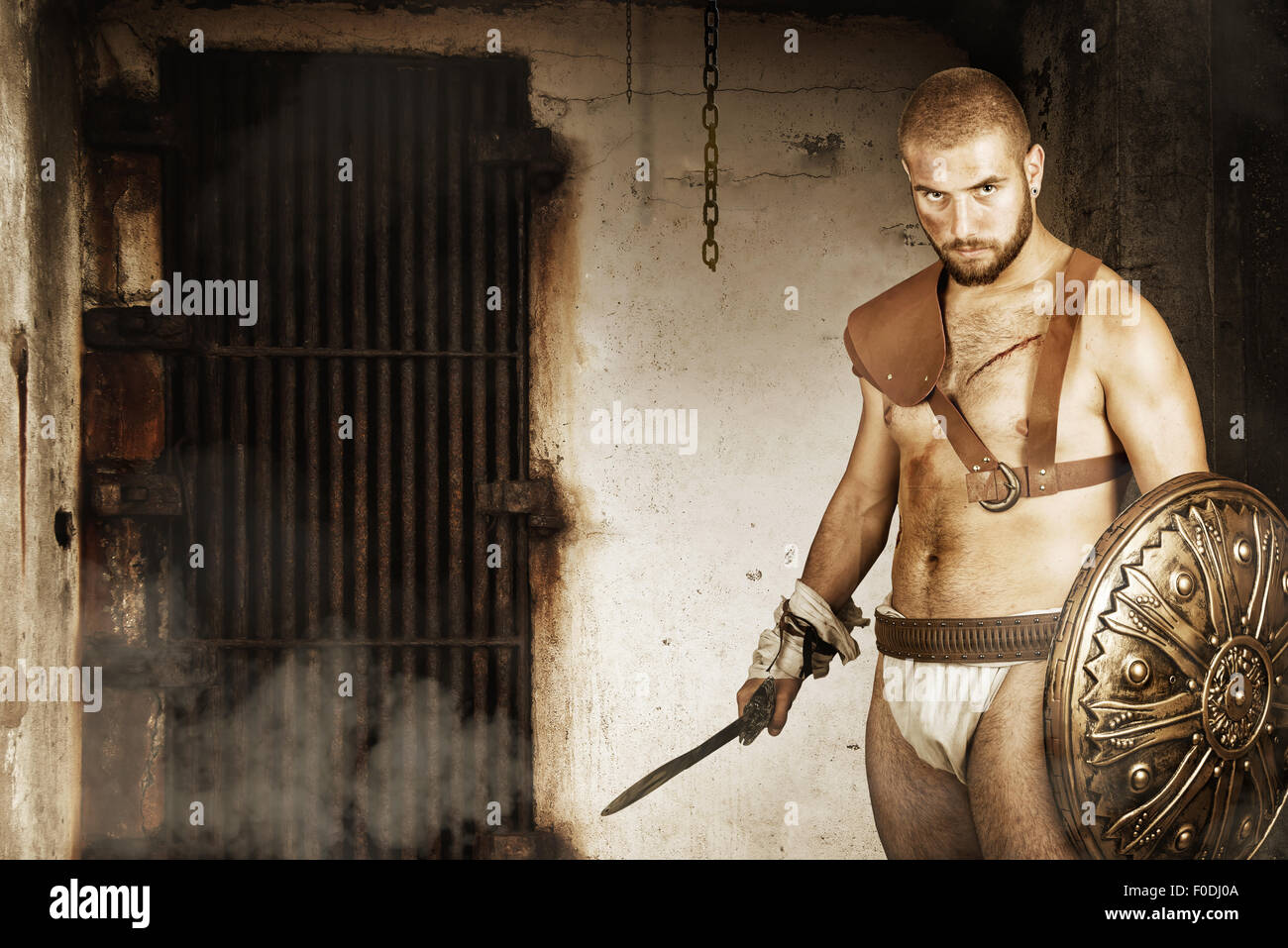 Gladiator posing with shield and sword ready to fight Stock Photo - Alamy