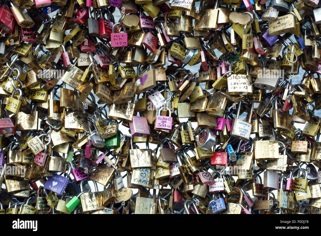 Love padlocks on Pont des Arts have been moved to nearby railings because of their weight, Paris, France Stock Photo