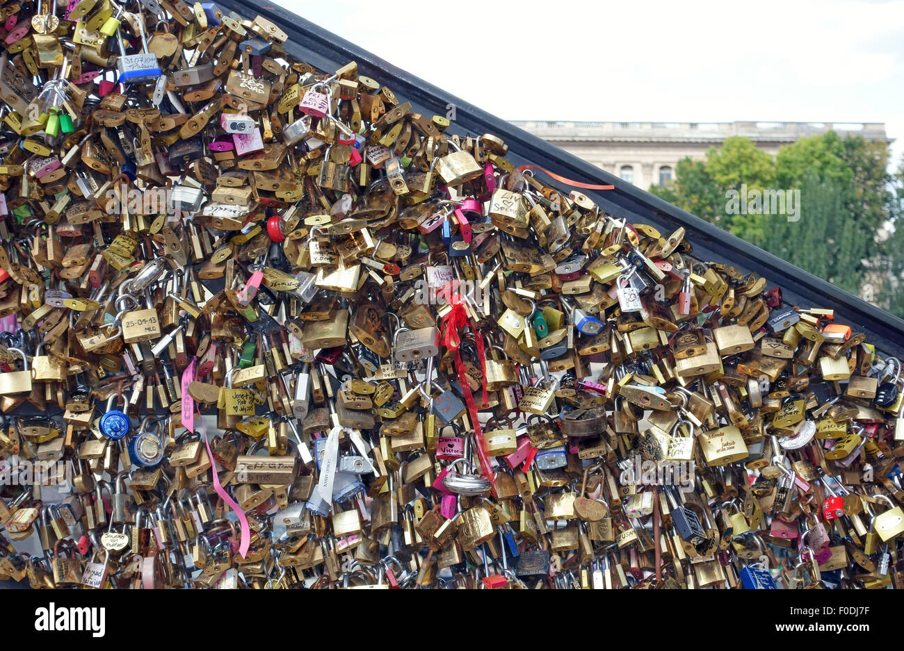 Love padlocks on Pont des Arts have been moved to nearby railings because of their weight, Paris, France Stock Photo