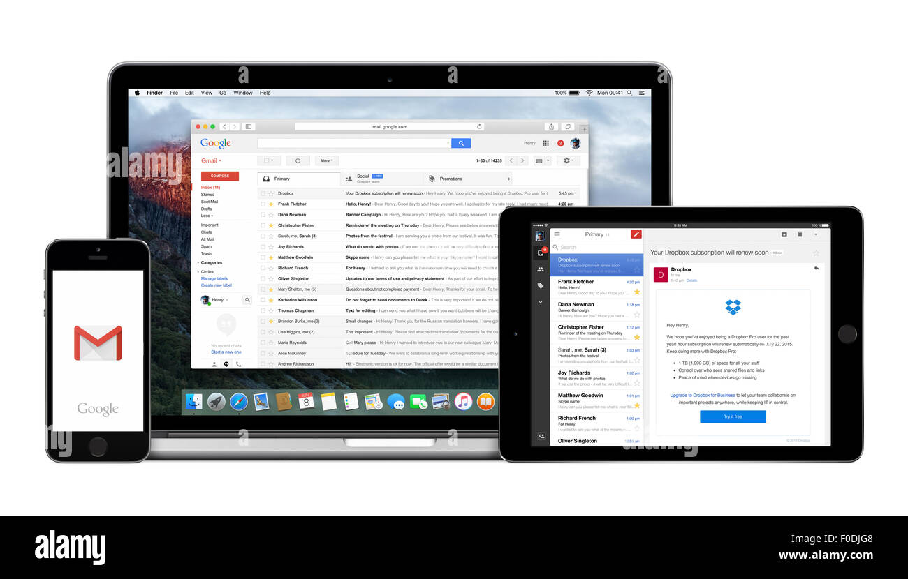Varna, Bulgaria - February 02, 2015: Google Gmail app on Apple iPhone iPad displays and desktop version of Gmail on Macbook Pro Stock Photo