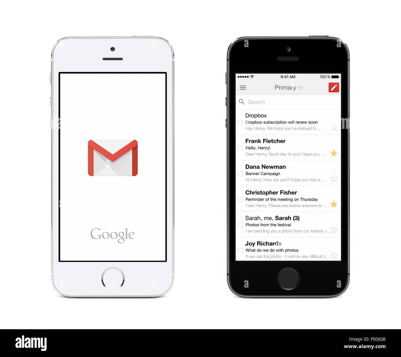 Varna, Bulgaria - May 26, 2015: Google Gmail app logo and Gmail inbox on the front view white and black Apple iPhones. Stock Photo