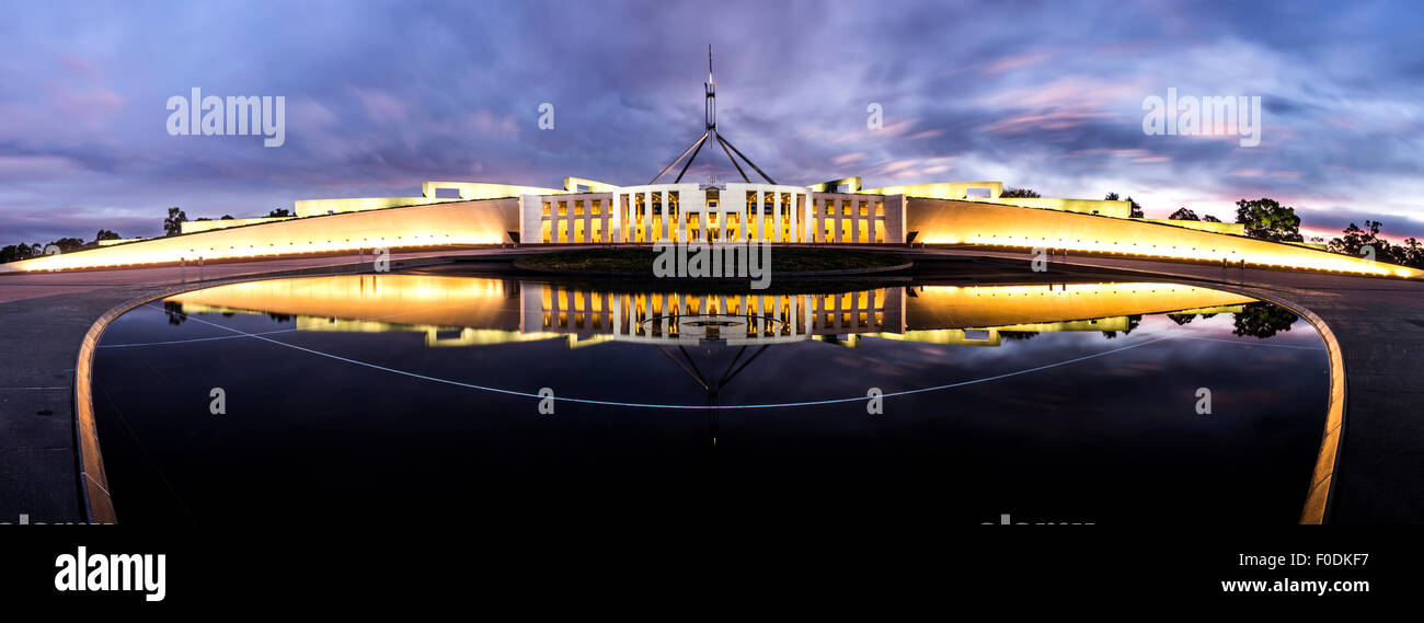 Panoramic view on Parliament House, Canberra, Australian Capital Territory, Australia at dusk. Stock Photo