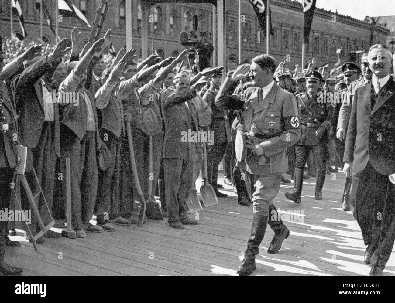 Hitler, Adolf, 20.4.1889 - 30.4.1945, German politician (NSDAP), Chancellor of the Reich 30.1.1933 - 30.4.1945, with President of the Reichsbank Hjalmar Schacht, laying of the corner stone of the new Reichsbank building, Werderscher Markt, Berlin, 5.5.1934, Stock Photo