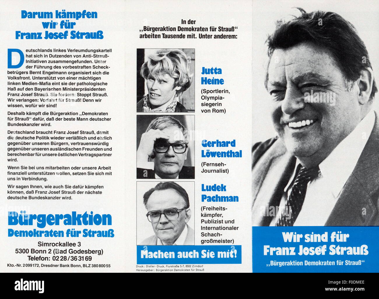 politics,elections,Election to the Federal Diet 1980,canvassing of the citizens' initiative Democrats for Strauss,flyer,1980,West Germany,Western Germany,Germany,1980s,80s,20th century,Franz Josef Strauss,Christlich-Soziale Union,Christlich social union,CSU,Chancellor candidate,Chancellor candidates,propaganda,advertising,parties,political party,Jutta Heine,Gerhard Loewenthal,Ludek Pachmann,domestic policy,home policy,Election to the Federal Diet,election,election campaign,election campaigns,handbill,handbills,politics,policy,,Additional-Rights-Clearences-Not Available Stock Photo