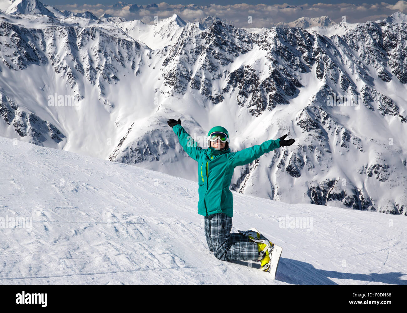 snowboarder at snow hill in Solden, Austria, extreme winter sport Stock Photo
