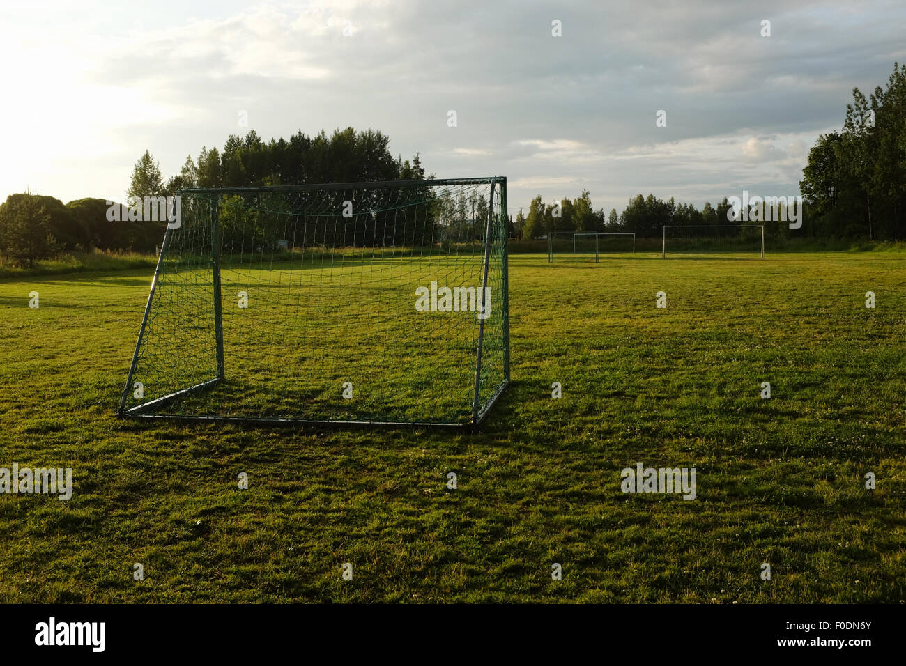 soccer goal on the village sports field Stock Photo