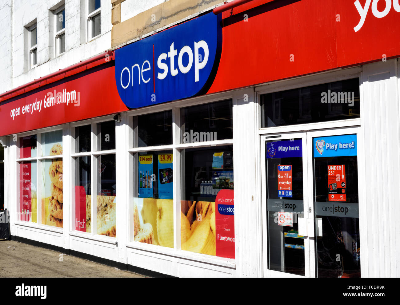 Exterior of a One Stop convenience store in Fleetwood, Lancashire, UK Stock Photo