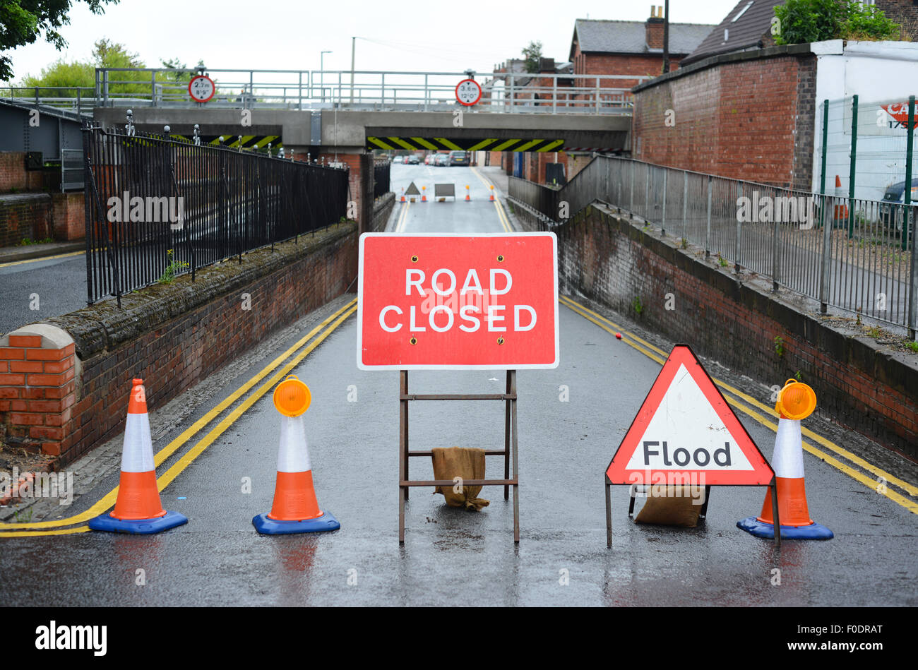 road closed and flooding warning sign at railway bridge selby yorkshire