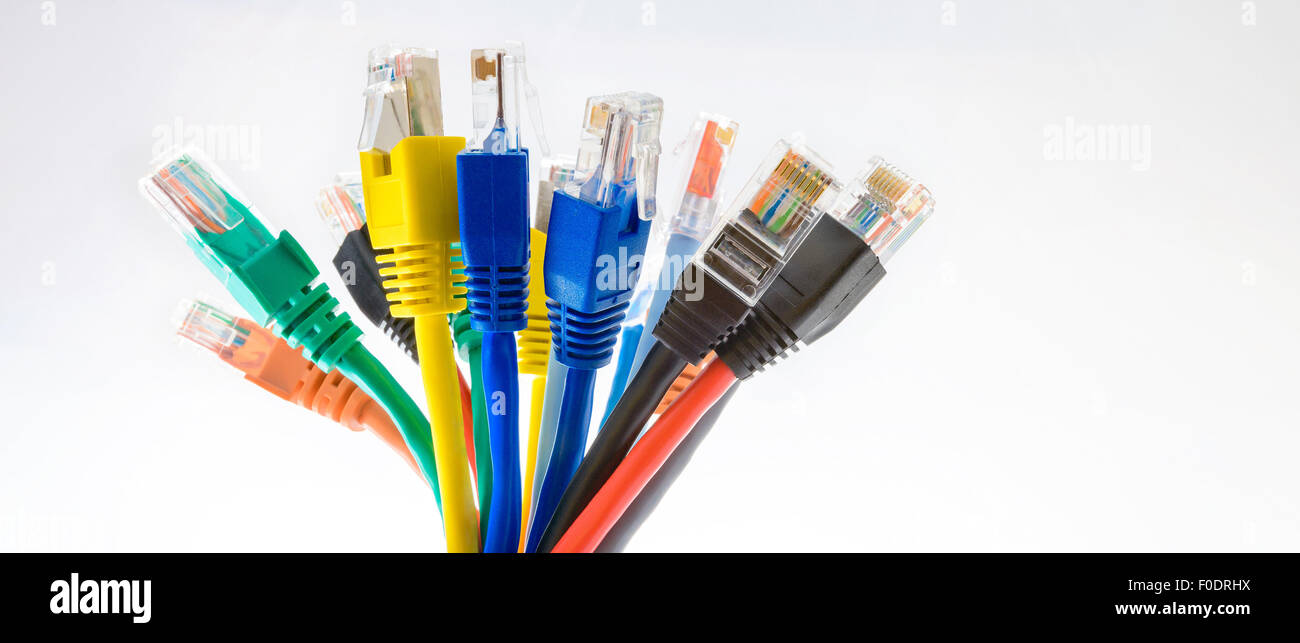 Colorful patch cords with RJ45 connectors in a bunch on the