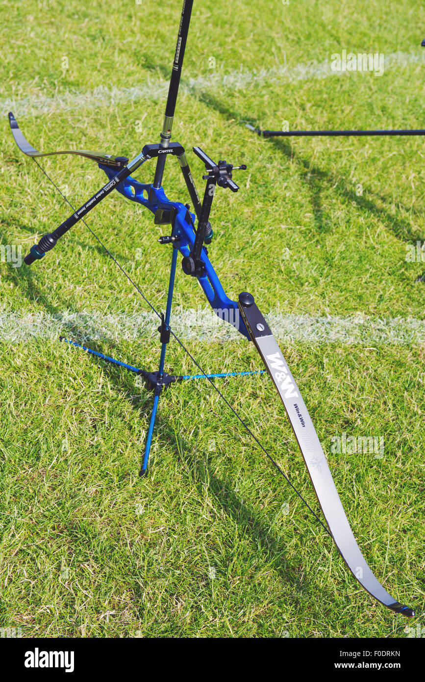 Recurve bow close-up resting on stand during competition Stock Photo
