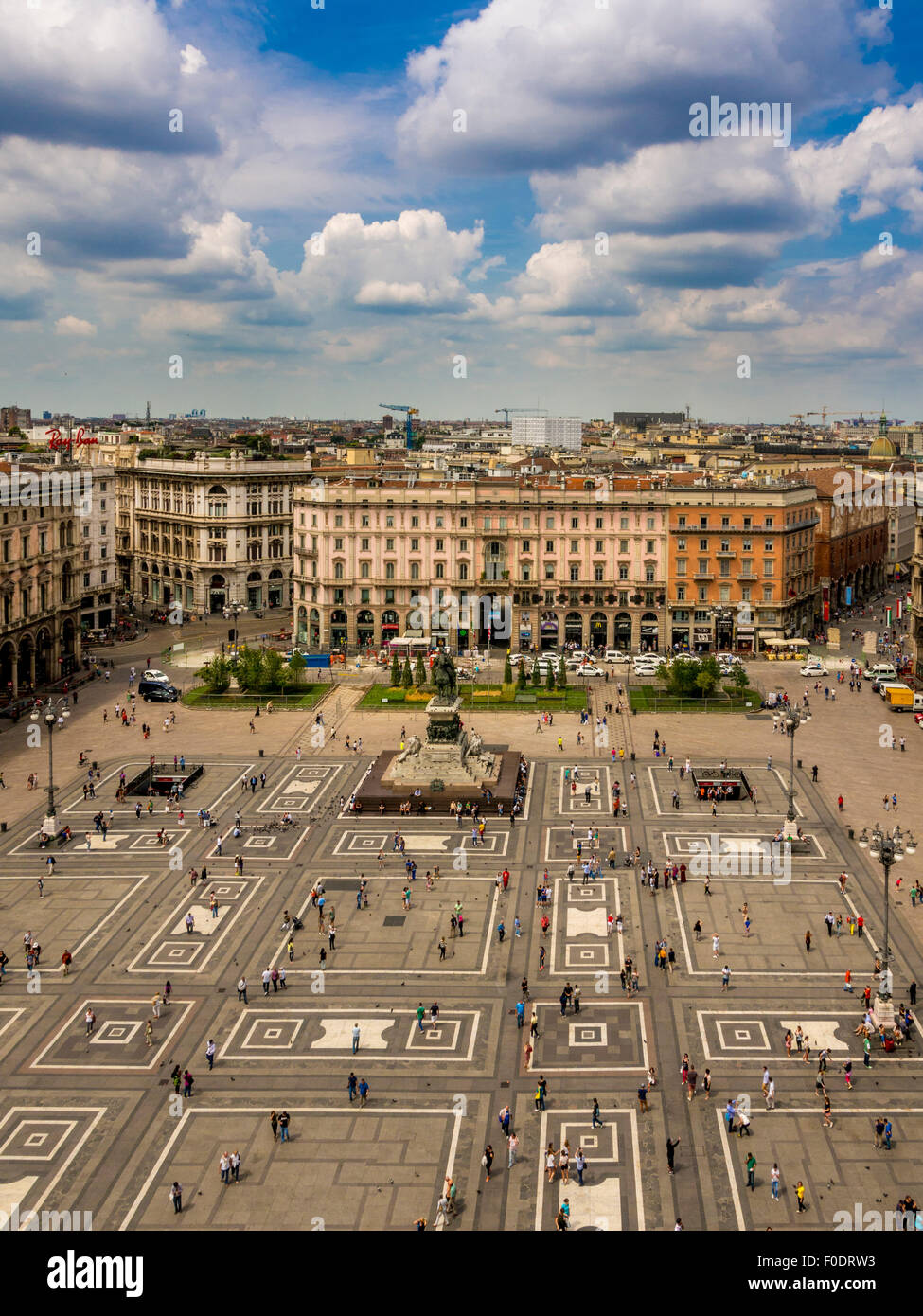 Aerial view of Piazza del Duomo and  King Victor Emmanuel II statue. Milan, Italy Stock Photo