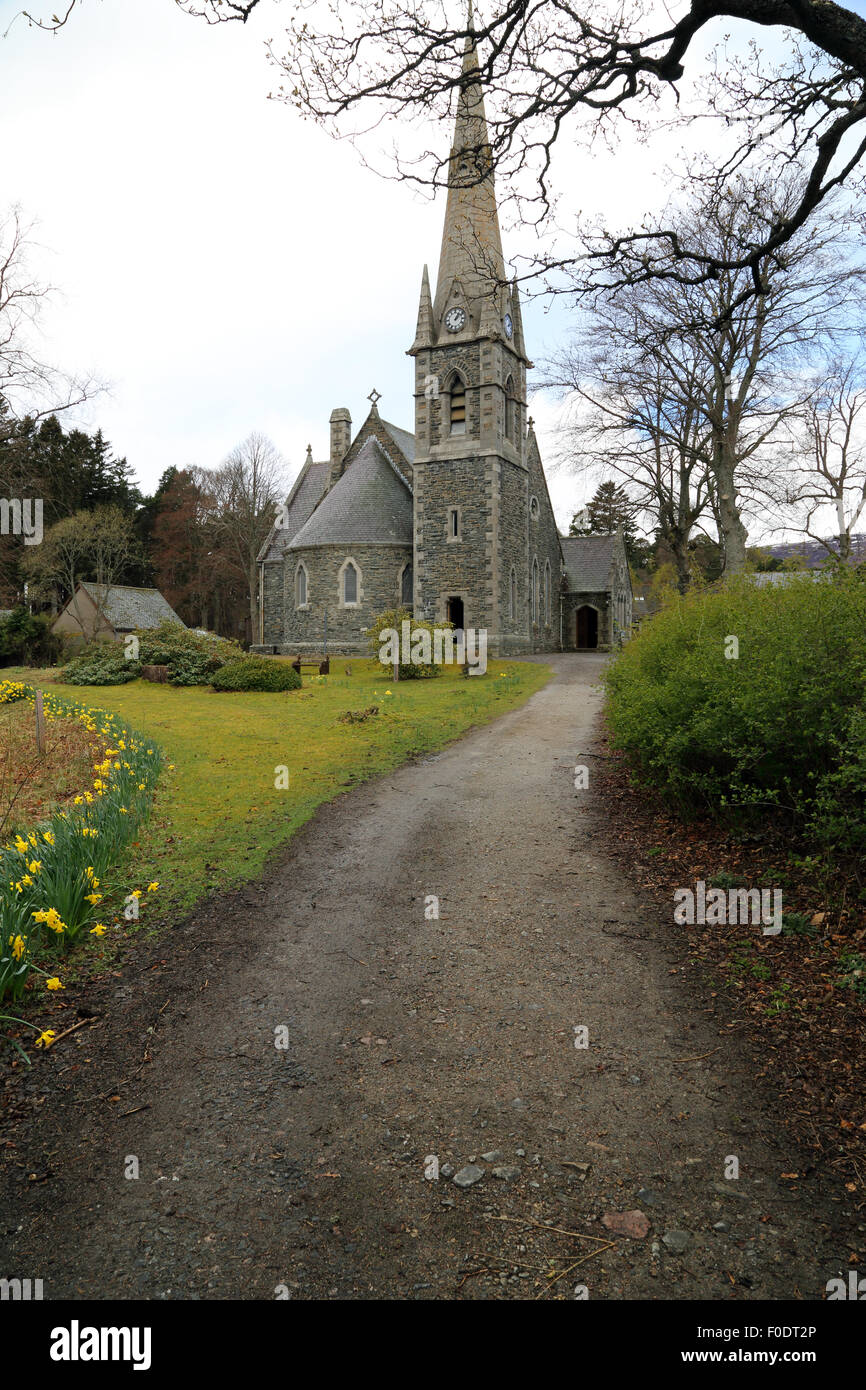 Braemar Church, in Braemar, on the edge of the Scottish Highlands, from the gate, looking along the path. Stock Photo