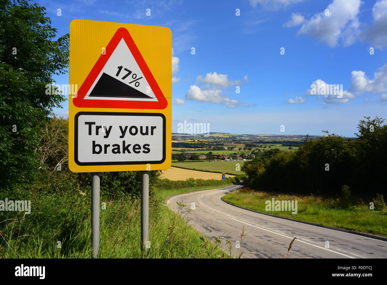 try your brakes warning sign above staxton hill yorkshire united kingdom Stock Photo