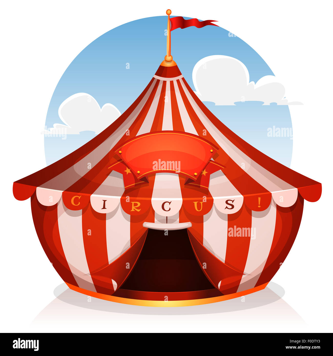 Illustration of cartoon white and red big top circus tent background with  marquee or banner on a blue sky background Stock Photo - Alamy