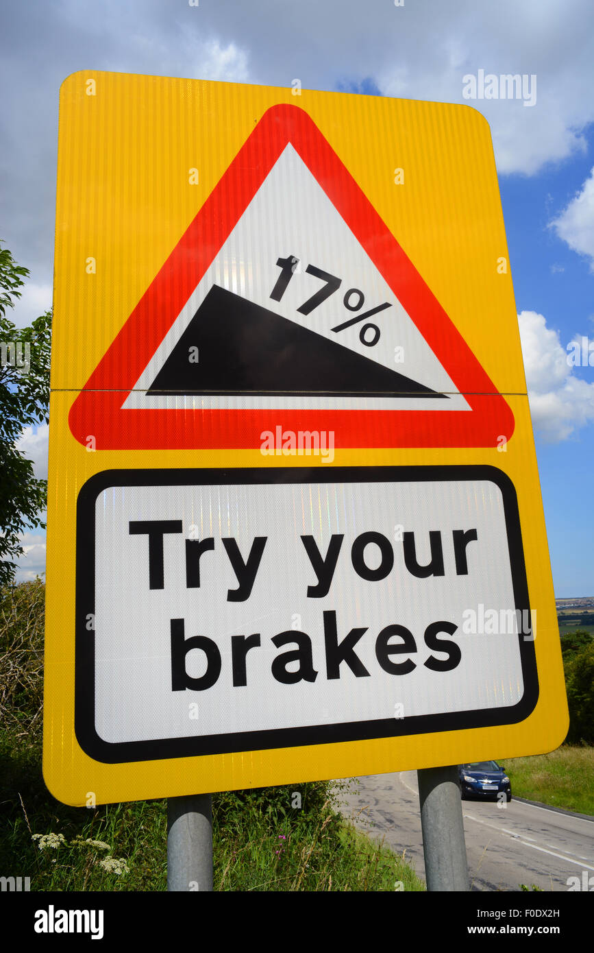 try your brakes warning sign above staxton hill yorkshire united kingdom Stock Photo