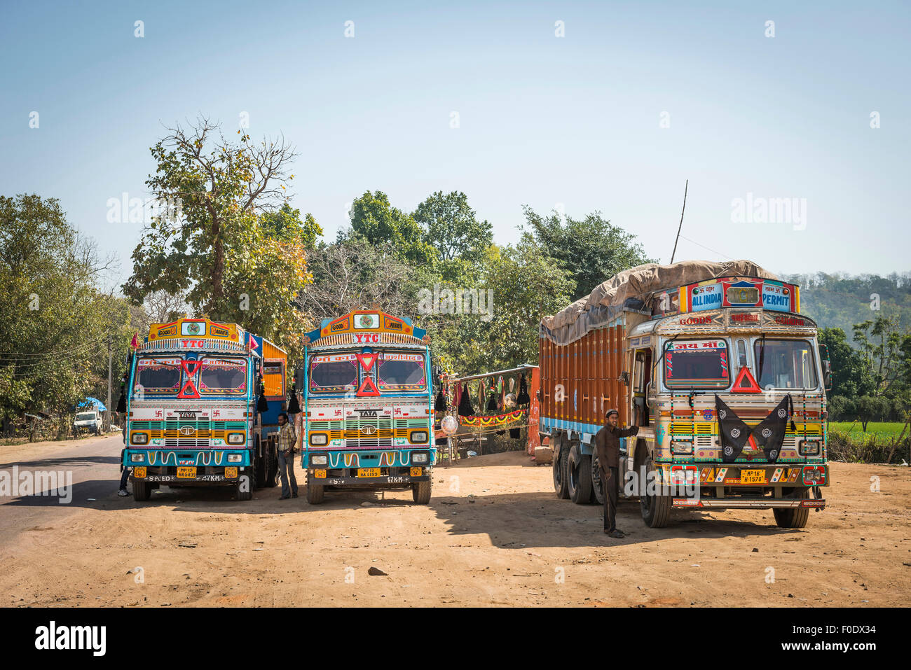 Colourfully decorated goods lorries in a layby in Madhya Pradesh, India Stock Photo