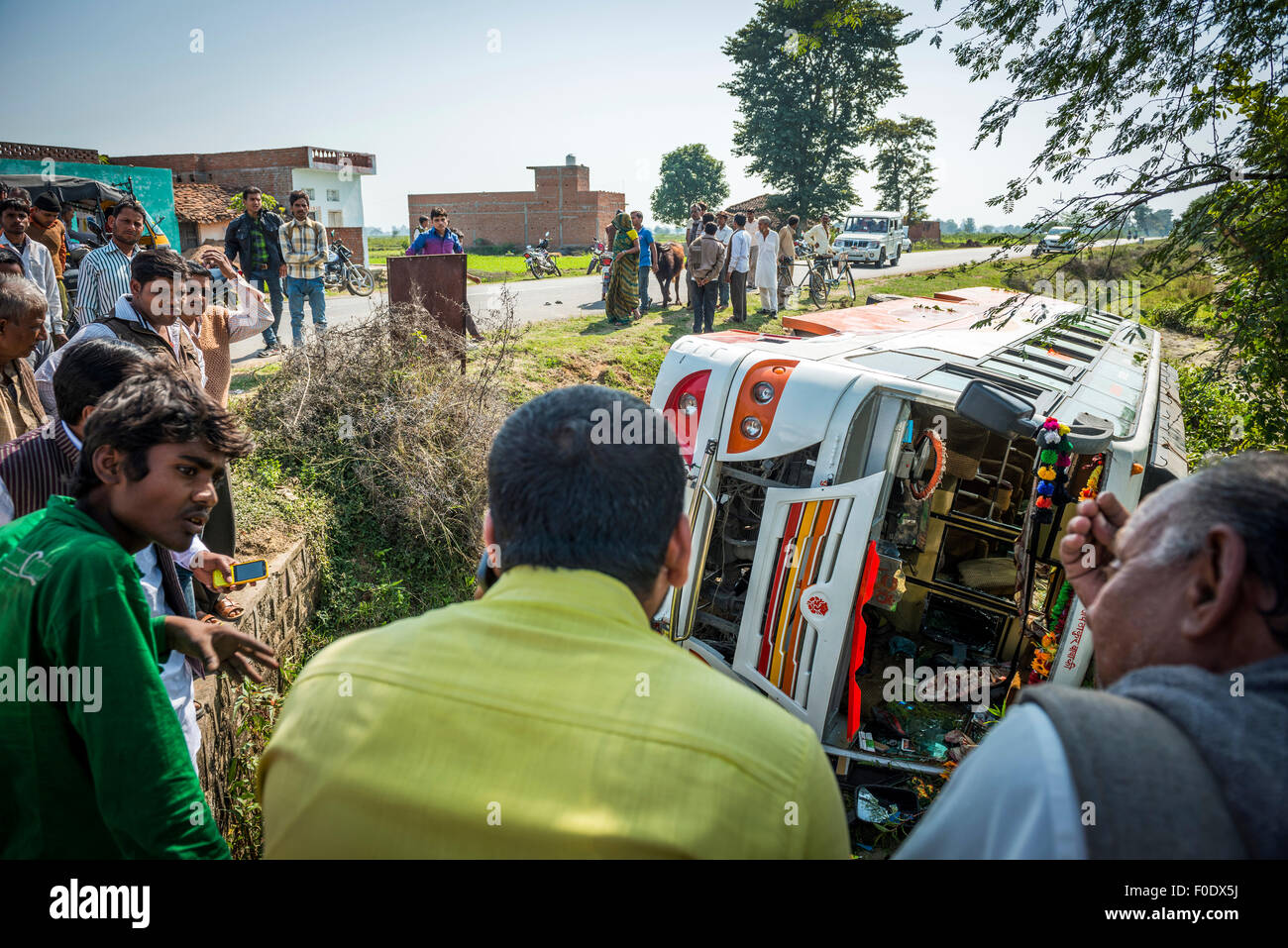 Crashed bus on the roadside between Khajuraho and Chitrakut in India Stock Photo