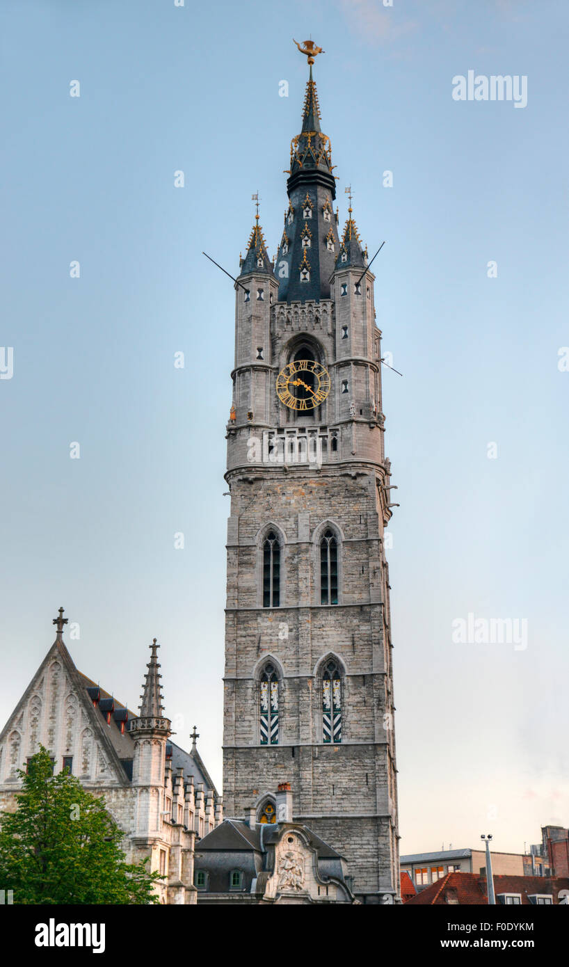 The Belfry of Ghent is a tall medieval tower overlooking the center of the city of Ghent, Belgium Stock Photo