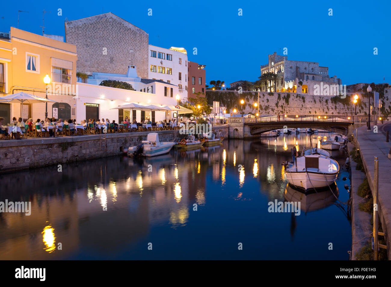 Restaurant S' Amarador and Ayuntamiento de Ciutadella at night, Ciutadella, Menorca, Balearic Islands, Spain, Europe Stock Photo