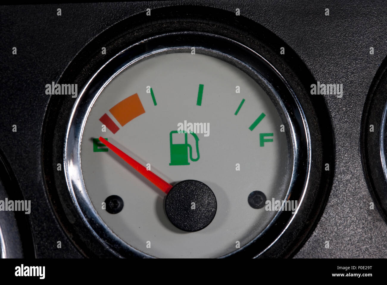 White fuel gauge with red needle showing empty tank Stock Photo